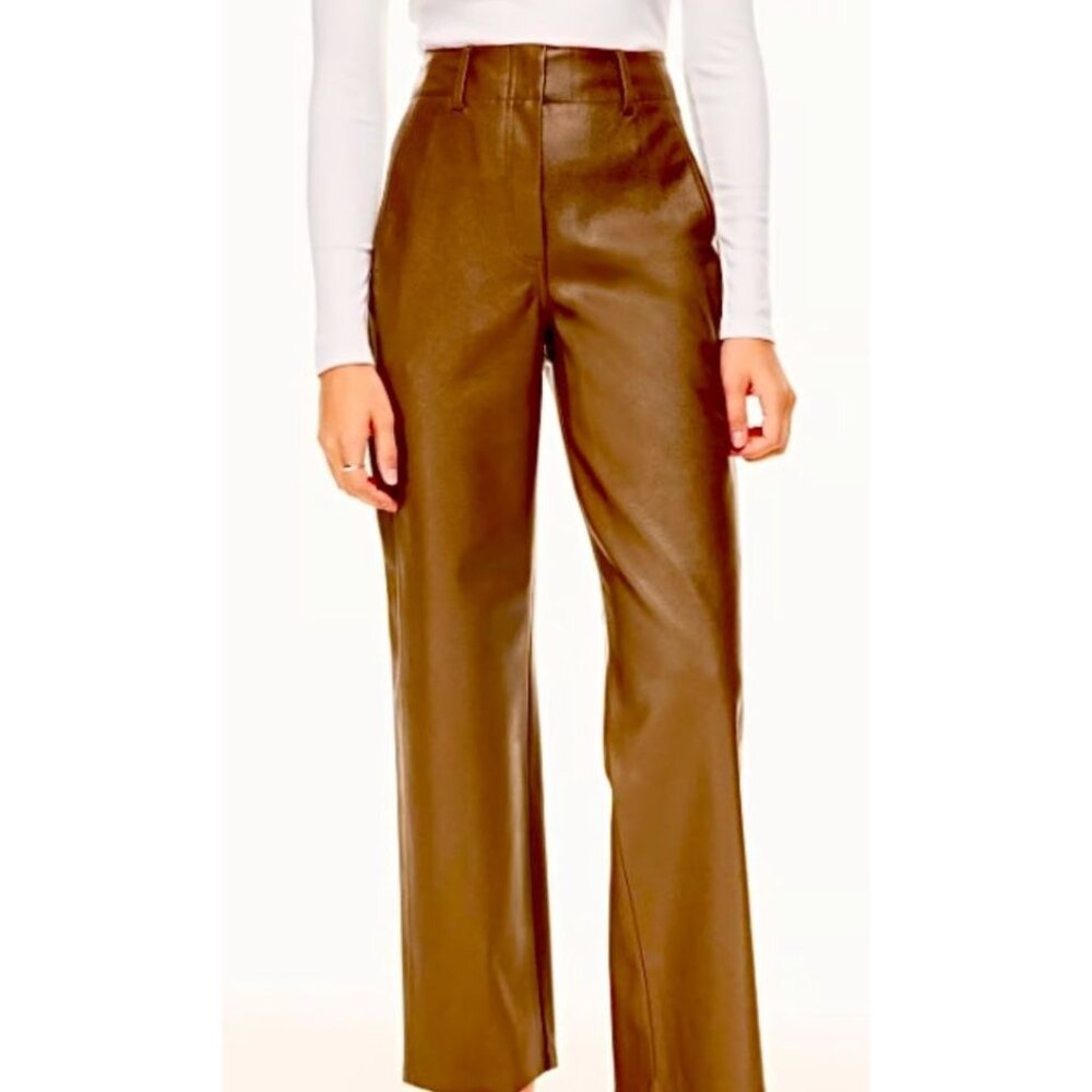 Wilfred Free Aritzia High-Waisted Brown Faux Leather Straight-Leg Pants Womens 4